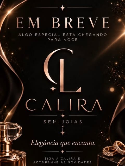 Arte da Calira anunciando que algo especial está chegando, com frasco de perfume e peças douradas